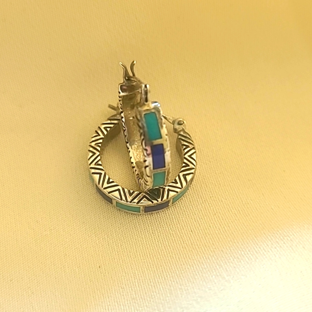 STERLING LAPIS AND TURQUOISE HOOP EARRINGS